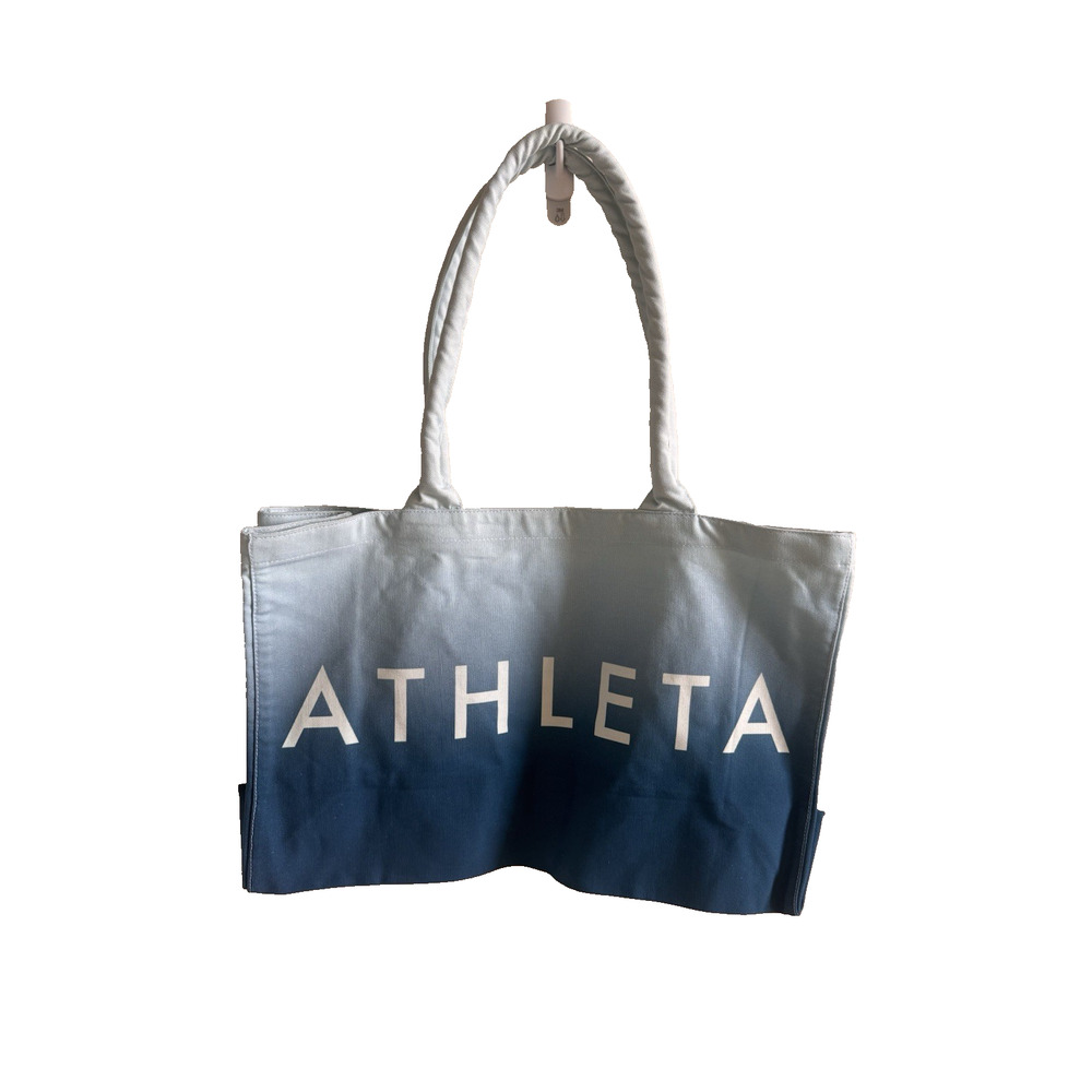 NEW ATHLETA Large Blue Ombre'‎ Canvas Gym Duffle Tote Bag Cotton Made in India